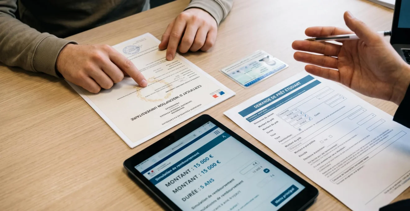 Vue rapprochée de documents de prêt étudiant sur bureau de conseiller bancaire avec certificat de scolarité, formulaire de demande et tablette affichant simulation de prêt
