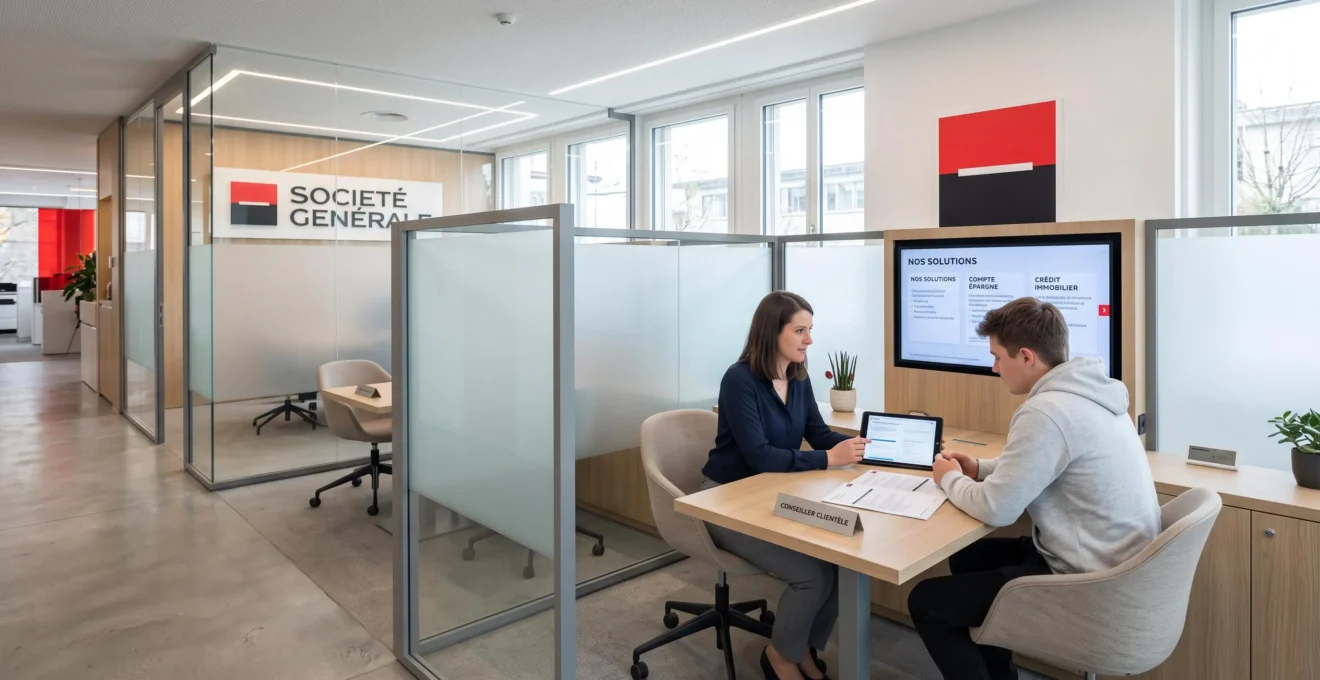 Espace de conseil moderne dans une agence Société Générale avec conseiller et étudiant consultant des documents sur tablette tactile, mobilier contemporain et signalétique digitale
